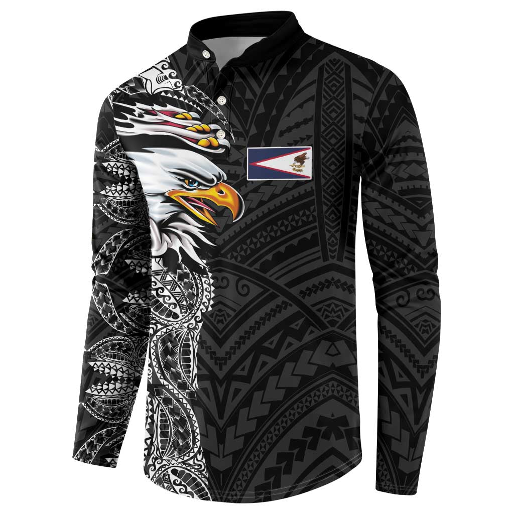 American Samoa Flag Day Button Sweatshirt Tribal Tattoo with Eagle Black