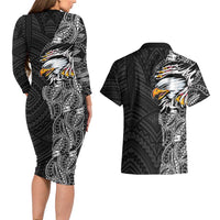 American Samoa Flag Day Couples Matching Long Sleeve Bodycon Dress and Hawaiian Shirt Tribal Tattoo with Eagle Black
