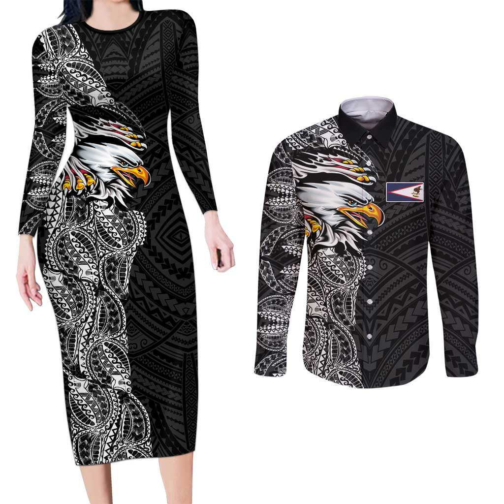 American Samoa Flag Day Couples Matching Long Sleeve Bodycon Dress and Long Sleeve Button Shirt Tribal Tattoo with Eagle Black