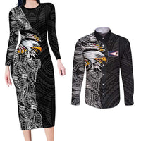 American Samoa Flag Day Couples Matching Long Sleeve Bodycon Dress and Long Sleeve Button Shirt Tribal Tattoo with Eagle Black