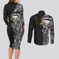 American Samoa Flag Day Couples Matching Long Sleeve Bodycon Dress and Long Sleeve Button Shirt Tribal Tattoo with Eagle Black