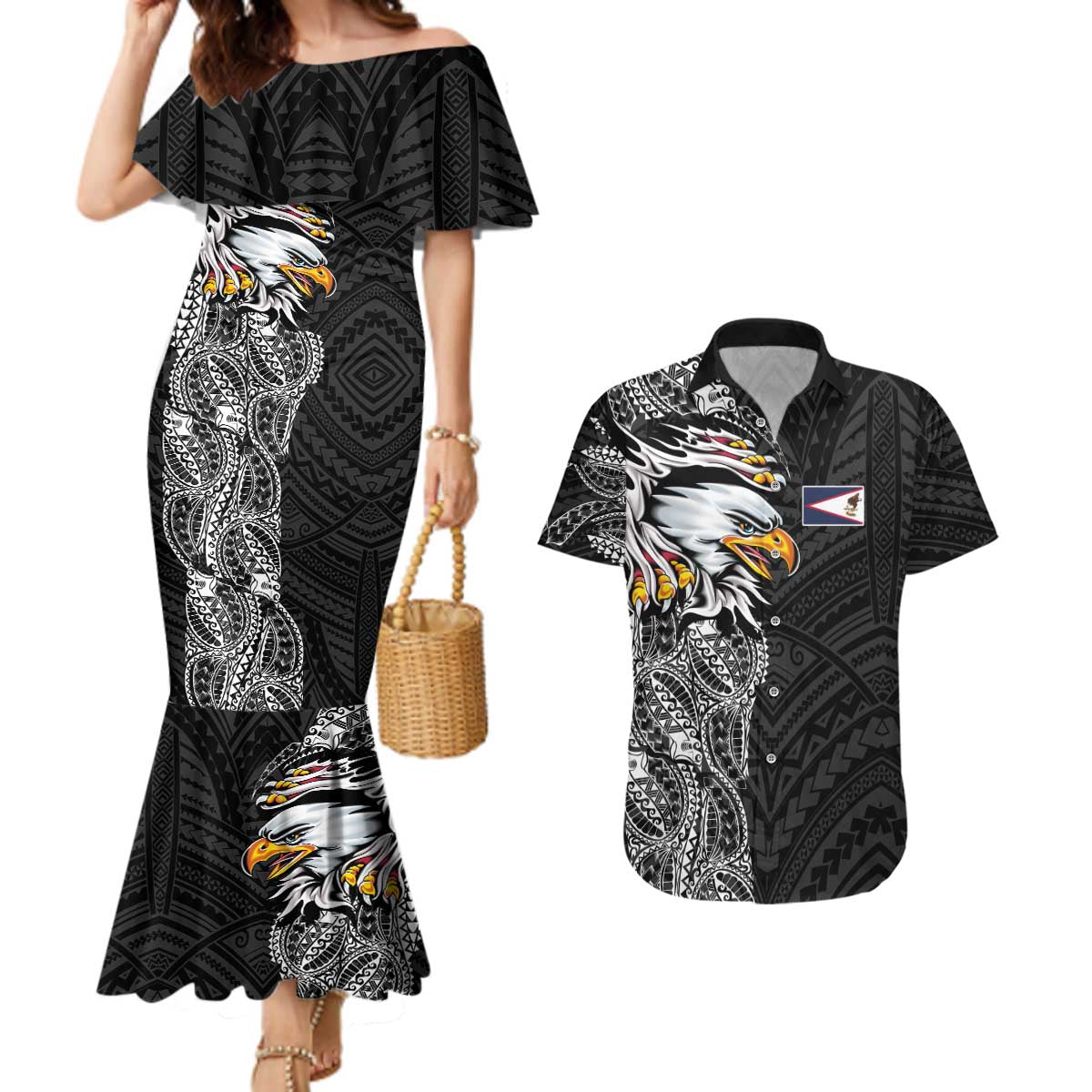 American Samoa Flag Day Couples Matching Mermaid Dress and Hawaiian Shirt Tribal Tattoo with Eagle Black