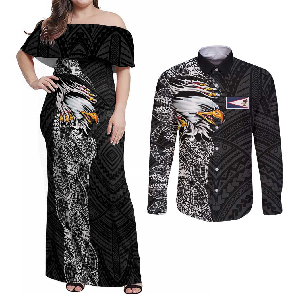 American Samoa Flag Day Couples Matching Off Shoulder Maxi Dress and Long Sleeve Button Shirt Tribal Tattoo with Eagle Black