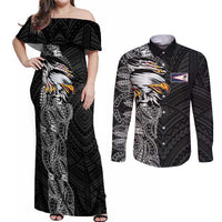 American Samoa Flag Day Couples Matching Off Shoulder Maxi Dress and Long Sleeve Button Shirt Tribal Tattoo with Eagle Black