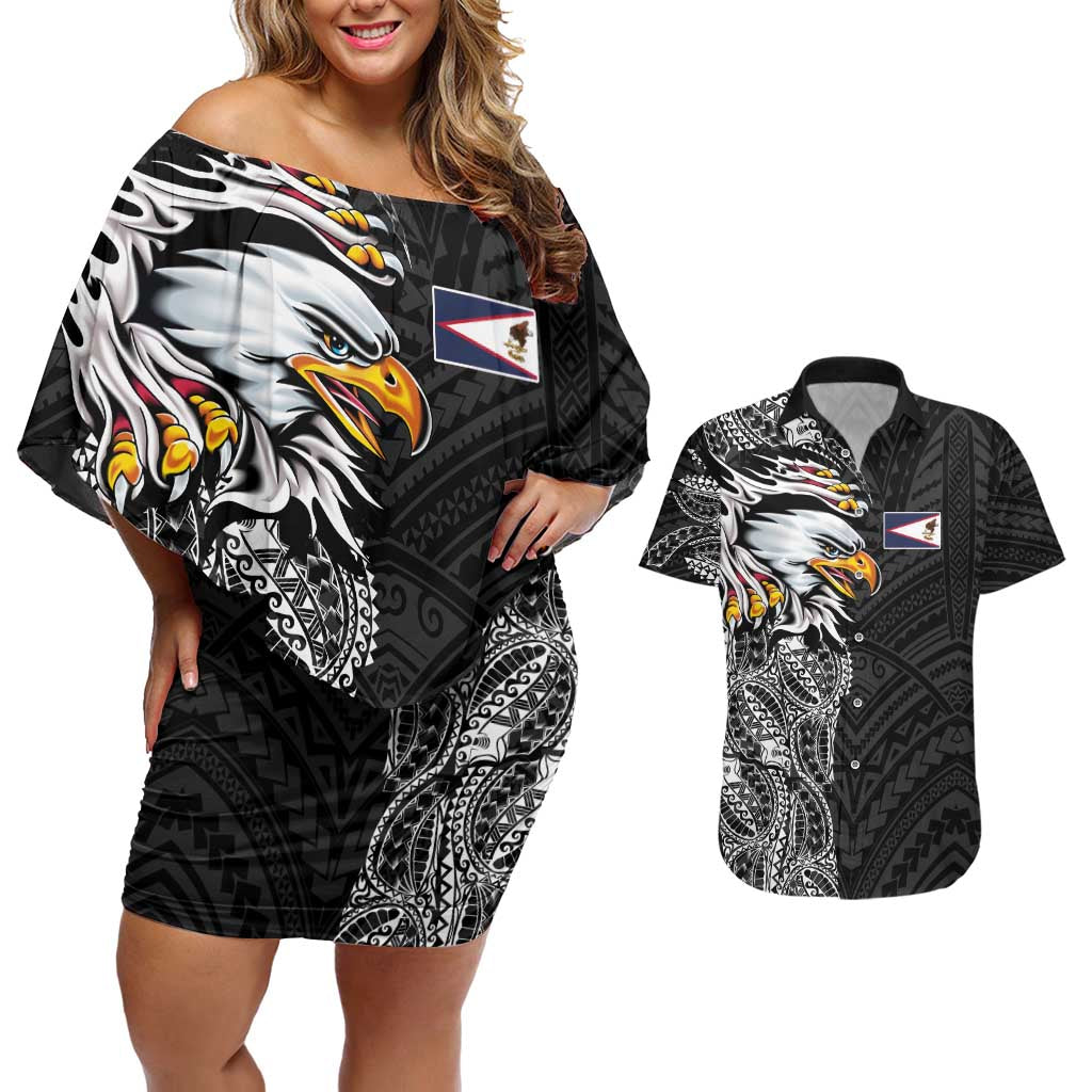 American Samoa Flag Day Couples Matching Off Shoulder Short Dress and Hawaiian Shirt Tribal Tattoo with Eagle Black