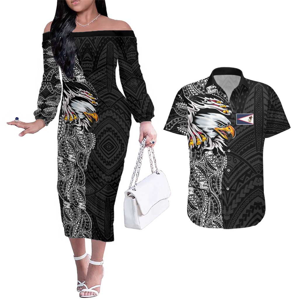 American Samoa Flag Day Couples Matching Off The Shoulder Long Sleeve Dress and Hawaiian Shirt Tribal Tattoo with Eagle Black