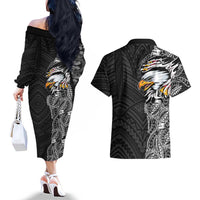 American Samoa Flag Day Couples Matching Off The Shoulder Long Sleeve Dress and Hawaiian Shirt Tribal Tattoo with Eagle Black