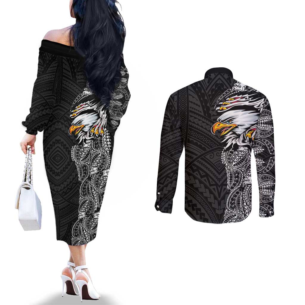 American Samoa Flag Day Couples Matching Off The Shoulder Long Sleeve Dress and Long Sleeve Button Shirt Tribal Tattoo with Eagle Black