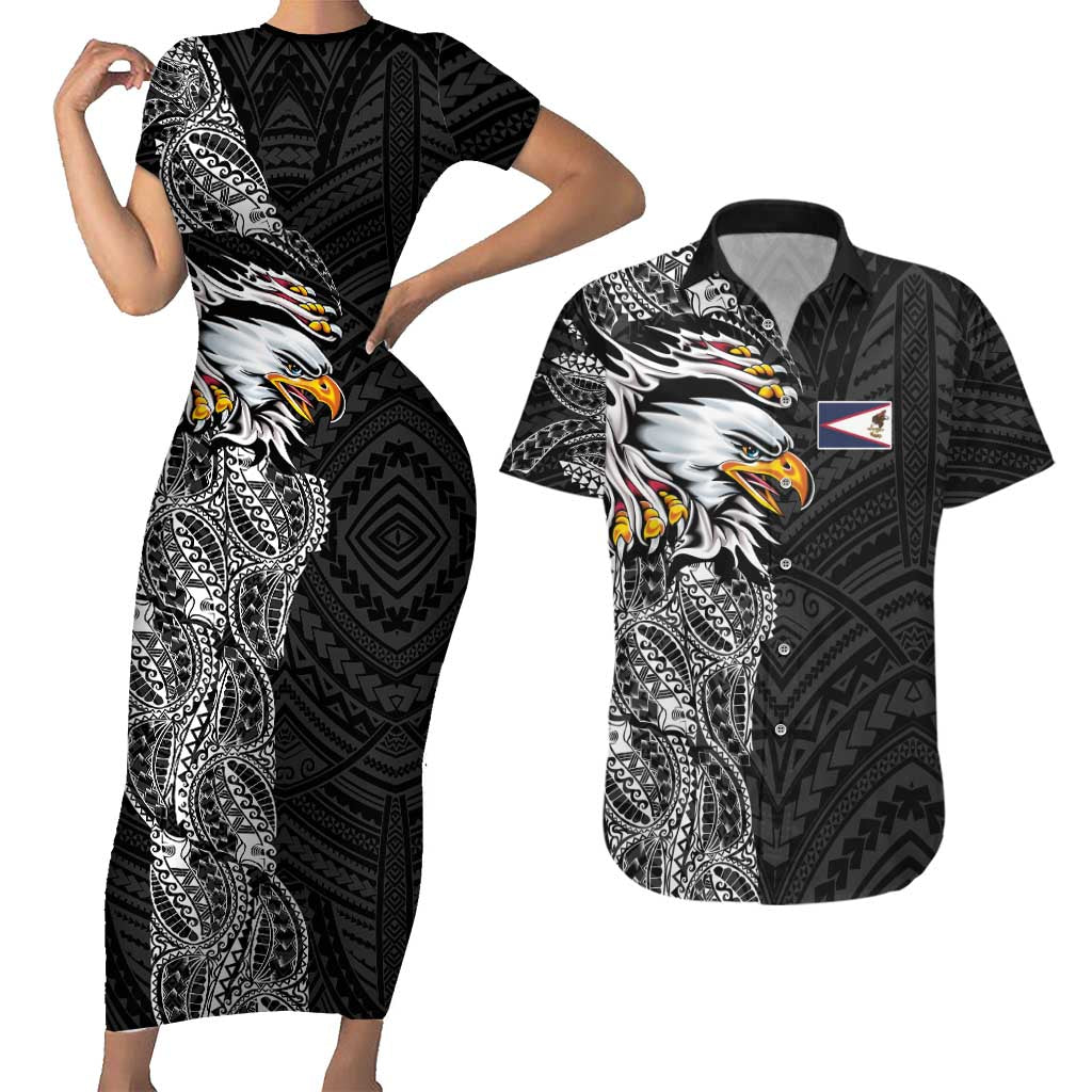 American Samoa Flag Day Couples Matching Short Sleeve Bodycon Dress and Hawaiian Shirt Tribal Tattoo with Eagle Black