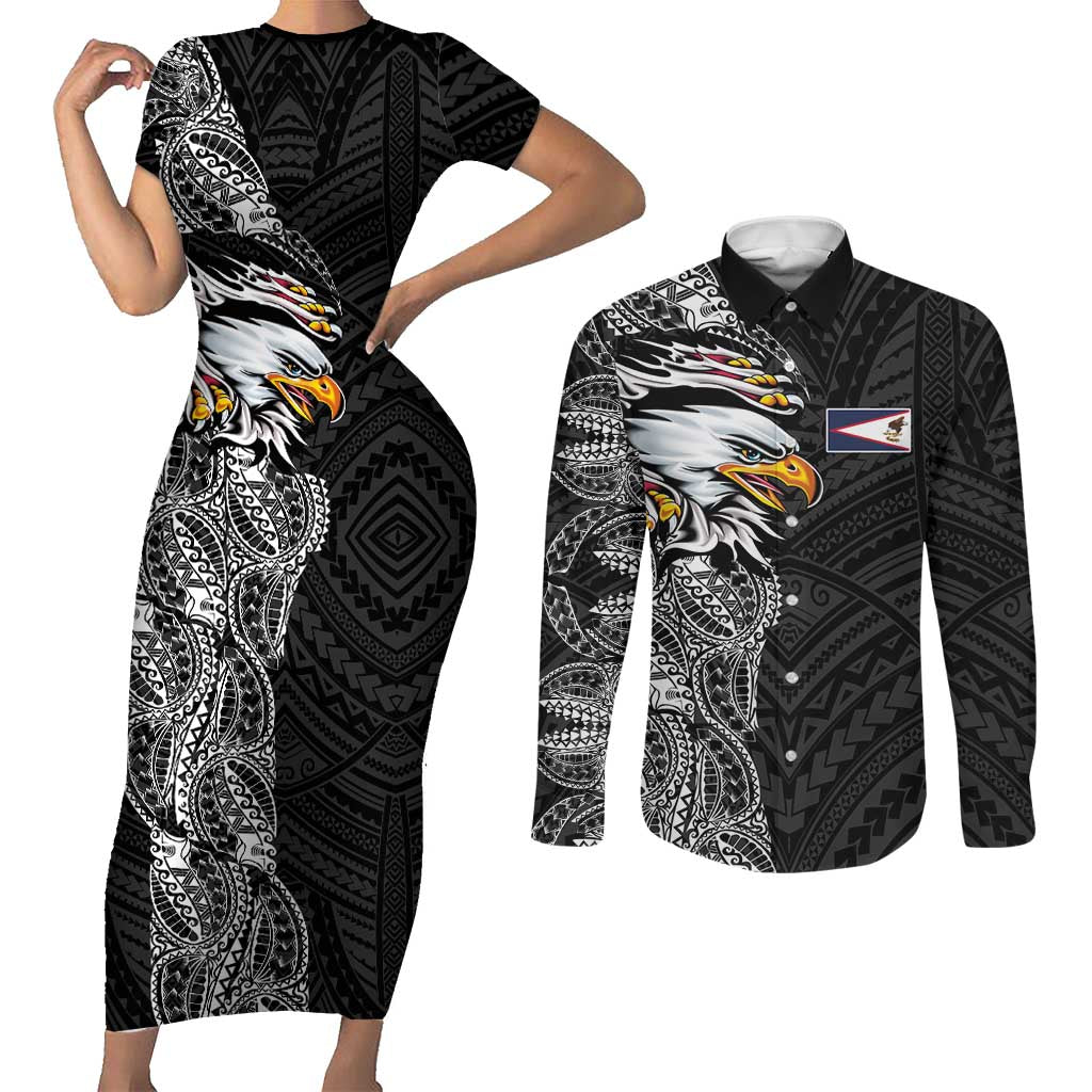 American Samoa Flag Day Couples Matching Short Sleeve Bodycon Dress and Long Sleeve Button Shirt Tribal Tattoo with Eagle Black