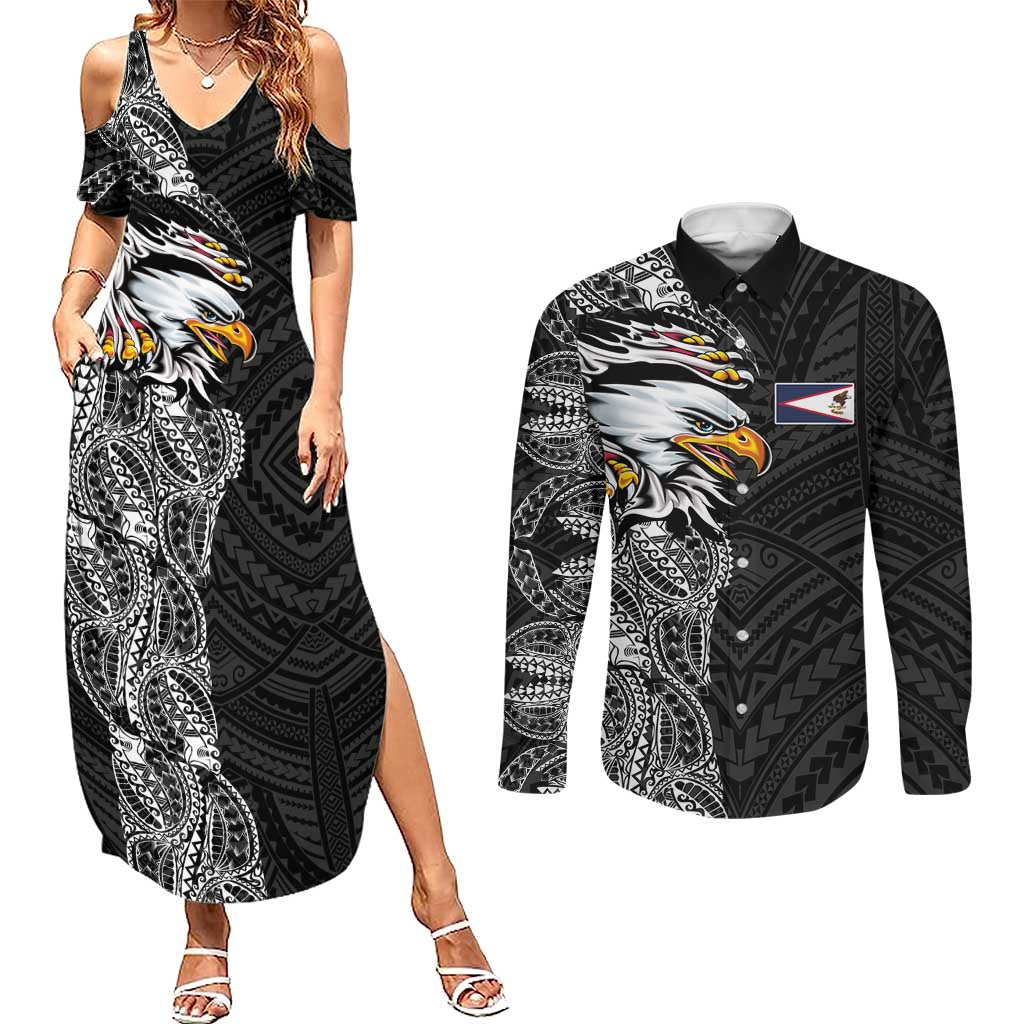 American Samoa Flag Day Couples Matching Summer Maxi Dress and Long Sleeve Button Shirt Tribal Tattoo with Eagle Black