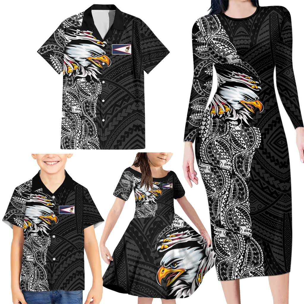 American Samoa Flag Day Family Matching Long Sleeve Bodycon Dress and Hawaiian Shirt Tribal Tattoo with Eagle Black