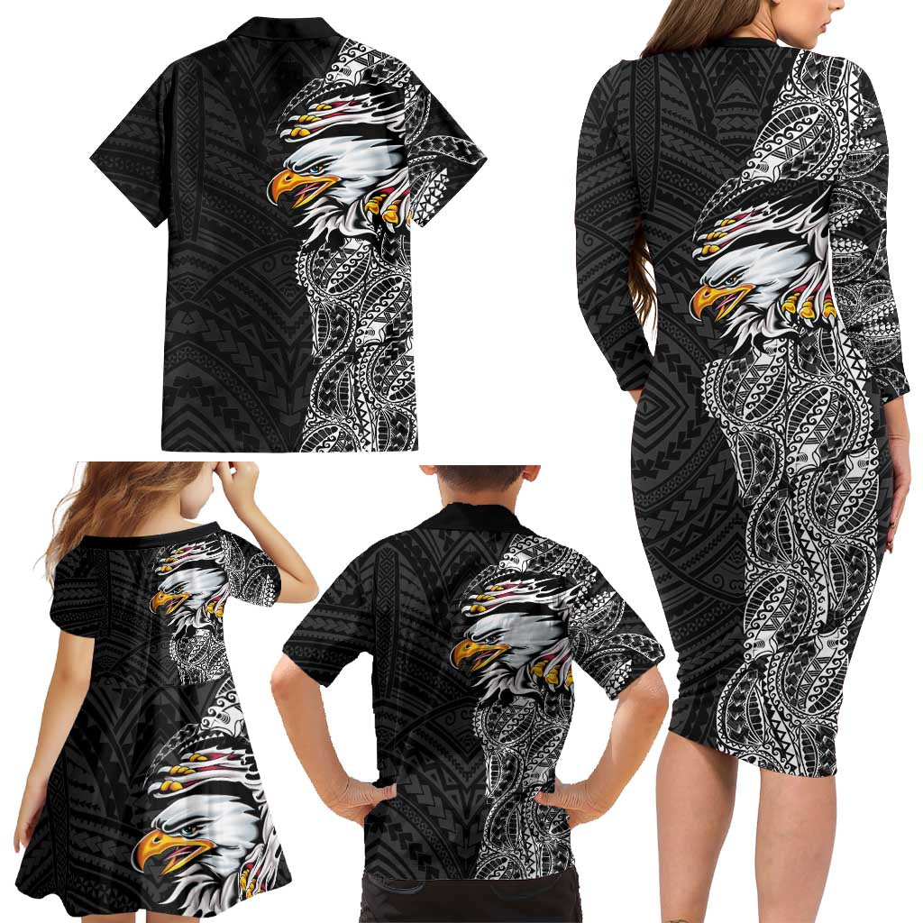 American Samoa Flag Day Family Matching Long Sleeve Bodycon Dress and Hawaiian Shirt Tribal Tattoo with Eagle Black LT03 - Polynesian Pride