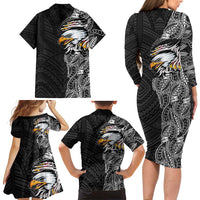 American Samoa Flag Day Family Matching Long Sleeve Bodycon Dress and Hawaiian Shirt Tribal Tattoo with Eagle Black LT03 - Polynesian Pride