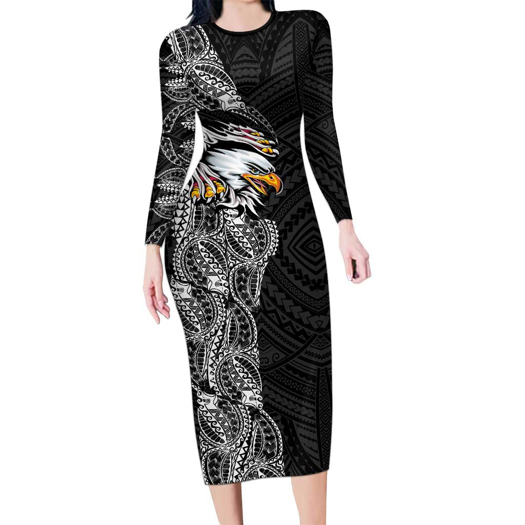 American Samoa Flag Day Family Matching Long Sleeve Bodycon Dress and Hawaiian Shirt Tribal Tattoo with Eagle Black LT03 Mom's Dress Black - Polynesian Pride
