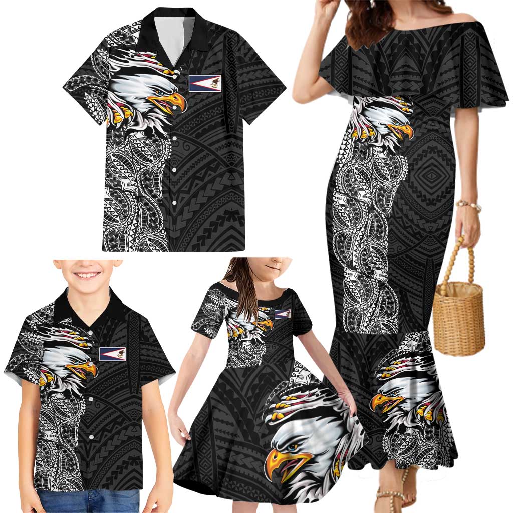 American Samoa Flag Day Family Matching Mermaid Dress and Hawaiian Shirt Tribal Tattoo with Eagle Black LT03 - Polynesian Pride