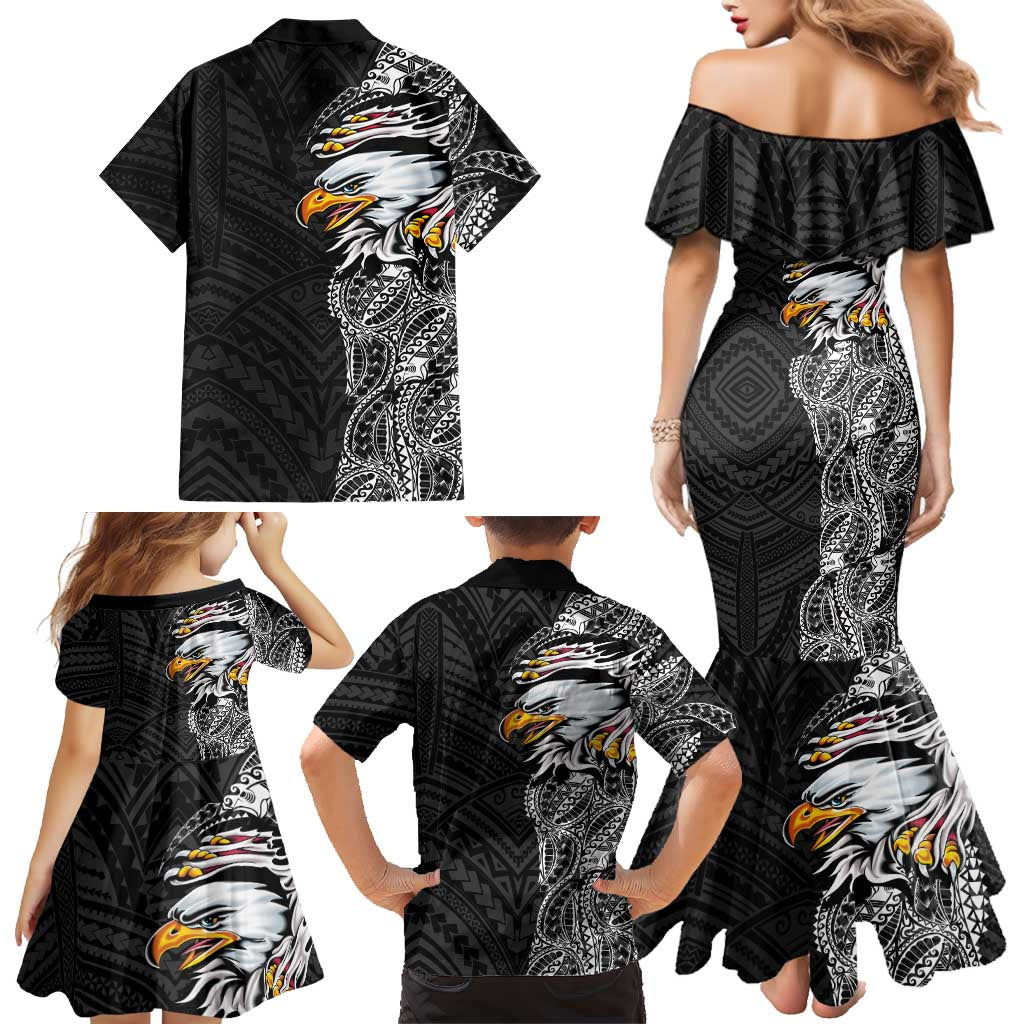 American Samoa Flag Day Family Matching Mermaid Dress and Hawaiian Shirt Tribal Tattoo with Eagle Black LT03 - Polynesian Pride