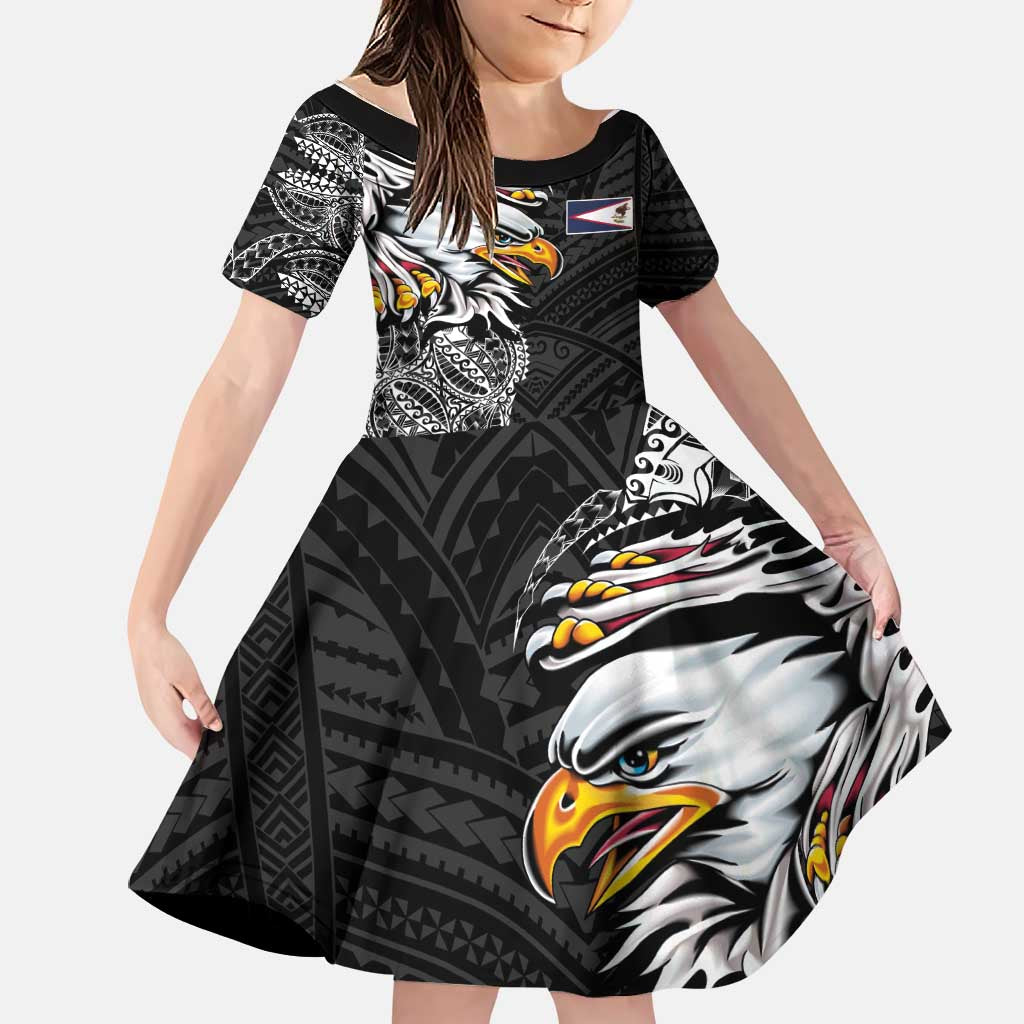 American Samoa Flag Day Family Matching Off The Shoulder Long Sleeve Dress and Hawaiian Shirt Tribal Tattoo with Eagle Black LT03 Daughter's Dress Black - Polynesian Pride