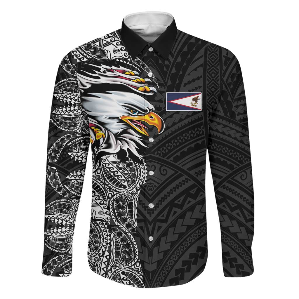 American Samoa Flag Day Family Matching Off The Shoulder Long Sleeve Dress and Hawaiian Shirt Tribal Tattoo with Eagle Black LT03 Dad's Shirt - Long Sleeve Black - Polynesian Pride