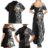 American Samoa Flag Day Family Matching Summer Maxi Dress and Hawaiian Shirt Tribal Tattoo with Eagle Black