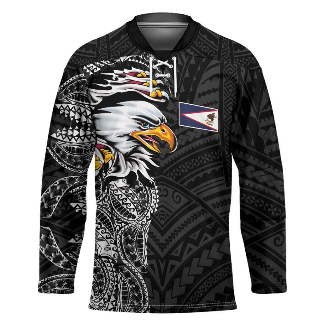 American Samoa Flag Day Hockey Jersey Tribal Tattoo with Eagle Black