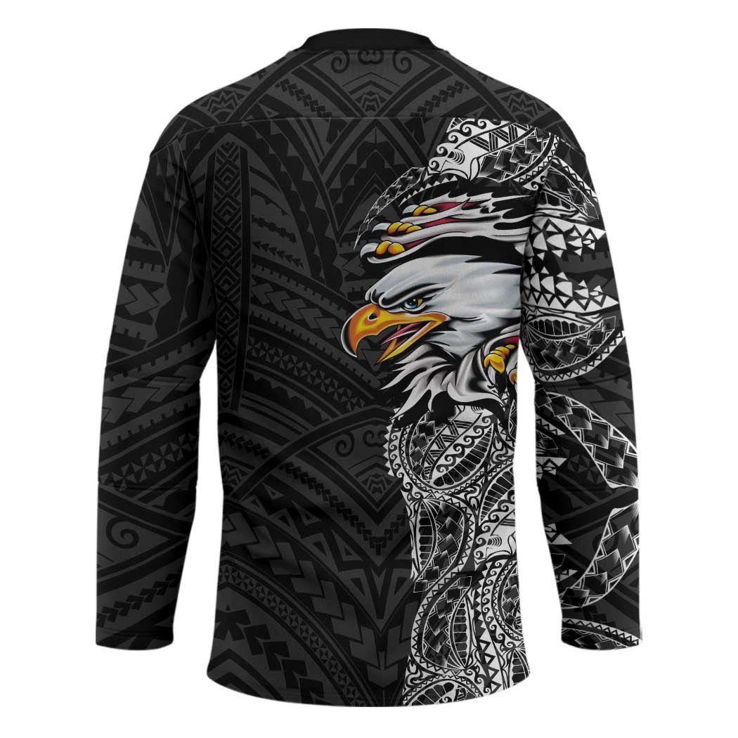American Samoa Flag Day Hockey Jersey Tribal Tattoo with Eagle Black