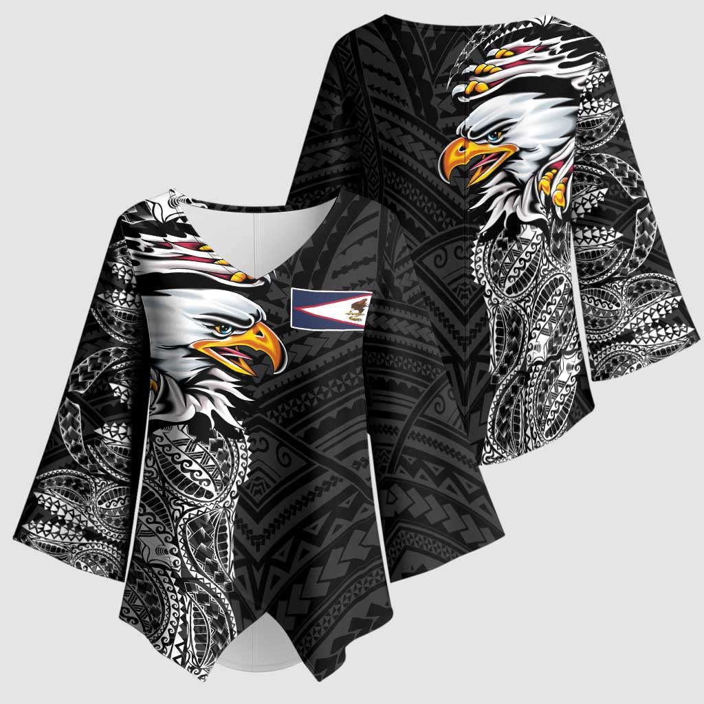 American Samoa Flag Day Kimono Sleeve Blouse Tribal Tattoo with Eagle Black