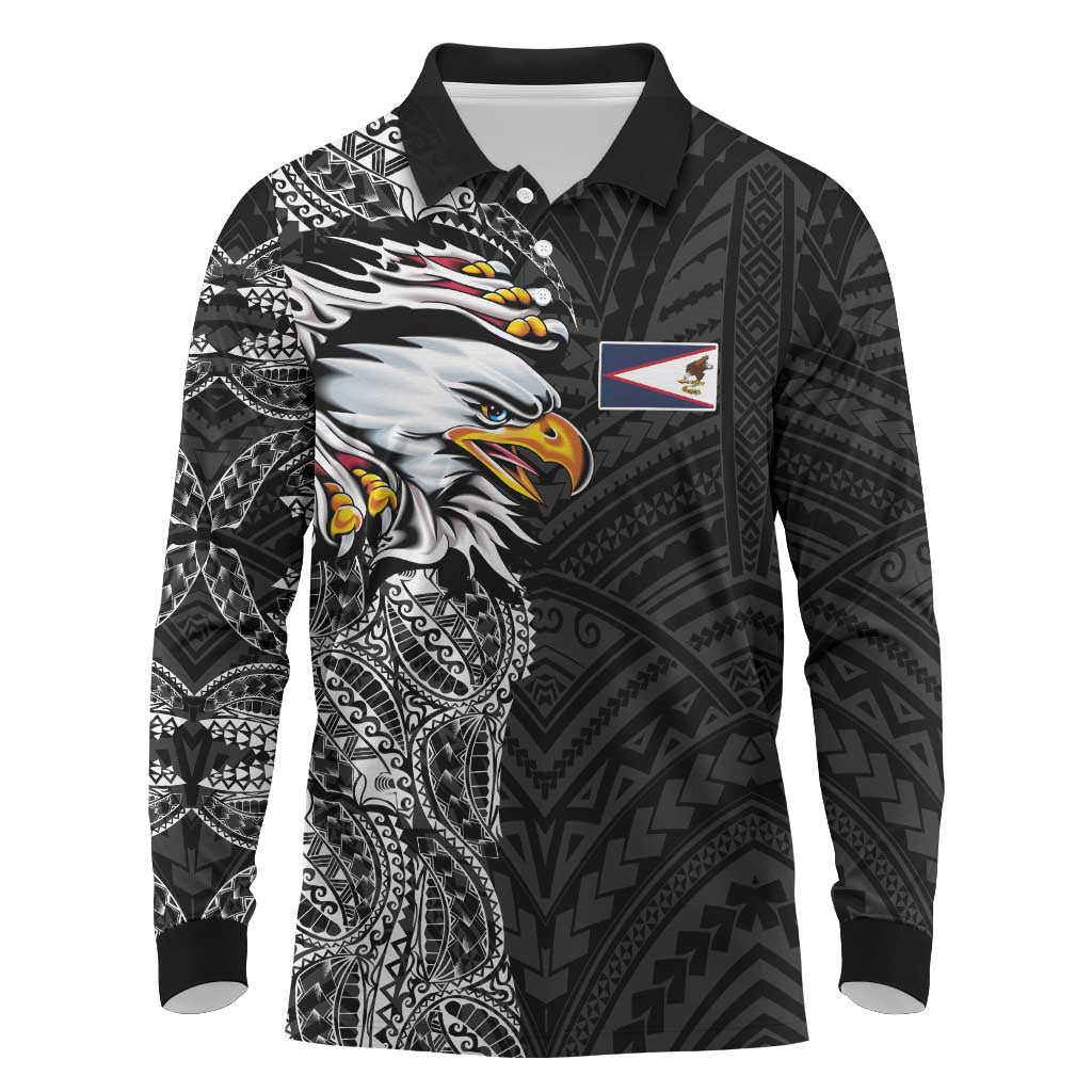 American Samoa Flag Day Long Sleeve Polo Shirt Tribal Tattoo with Eagle Black