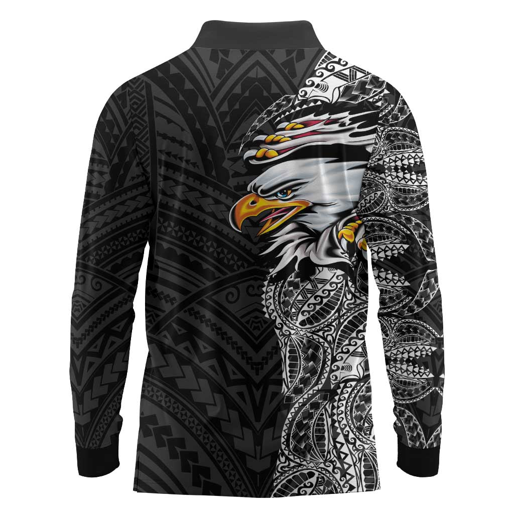 American Samoa Flag Day Long Sleeve Polo Shirt Tribal Tattoo with Eagle Black