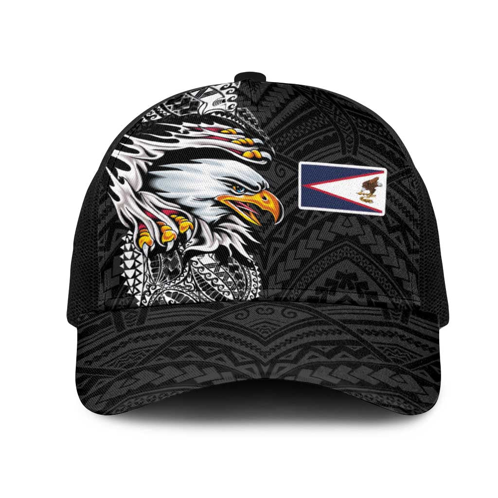 American Samoa Flag Day Mesh Trucker Cap Tribal Tattoo with Eagle Black