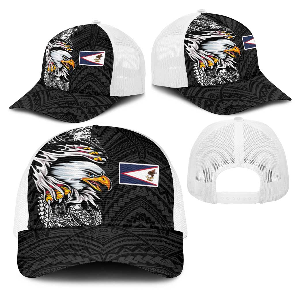American Samoa Flag Day Mesh Trucker Cap Tribal Tattoo with Eagle Black