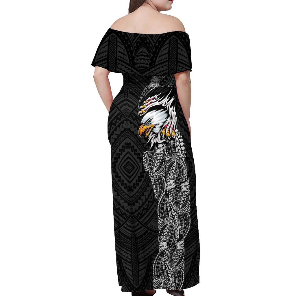 American Samoa Flag Day Off Shoulder Maxi Dress Tribal Tattoo with Eagle Black