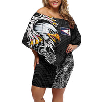 American Samoa Flag Day Off Shoulder Short Dress Tribal Tattoo with Eagle Black