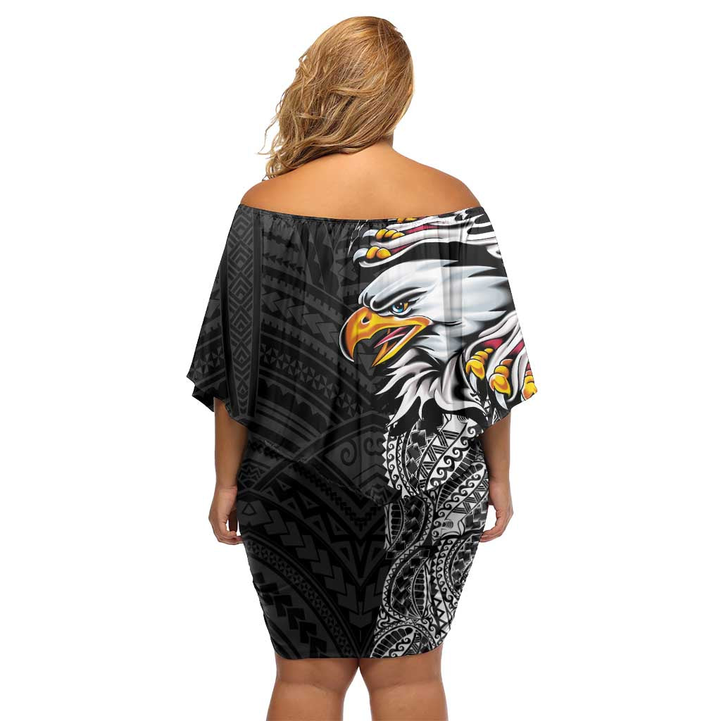 American Samoa Flag Day Off Shoulder Short Dress Tribal Tattoo with Eagle Black