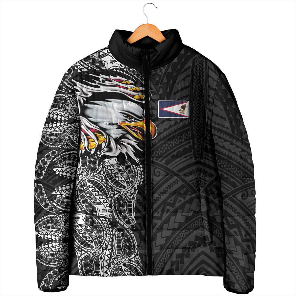 American Samoa Flag Day Padded Jacket Tribal Tattoo with Eagle Black