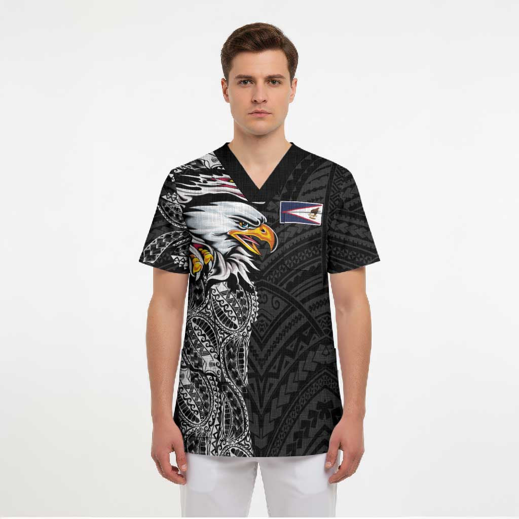 American Samoa Flag Day Scrub Top Tribal Tattoo with Eagle Black