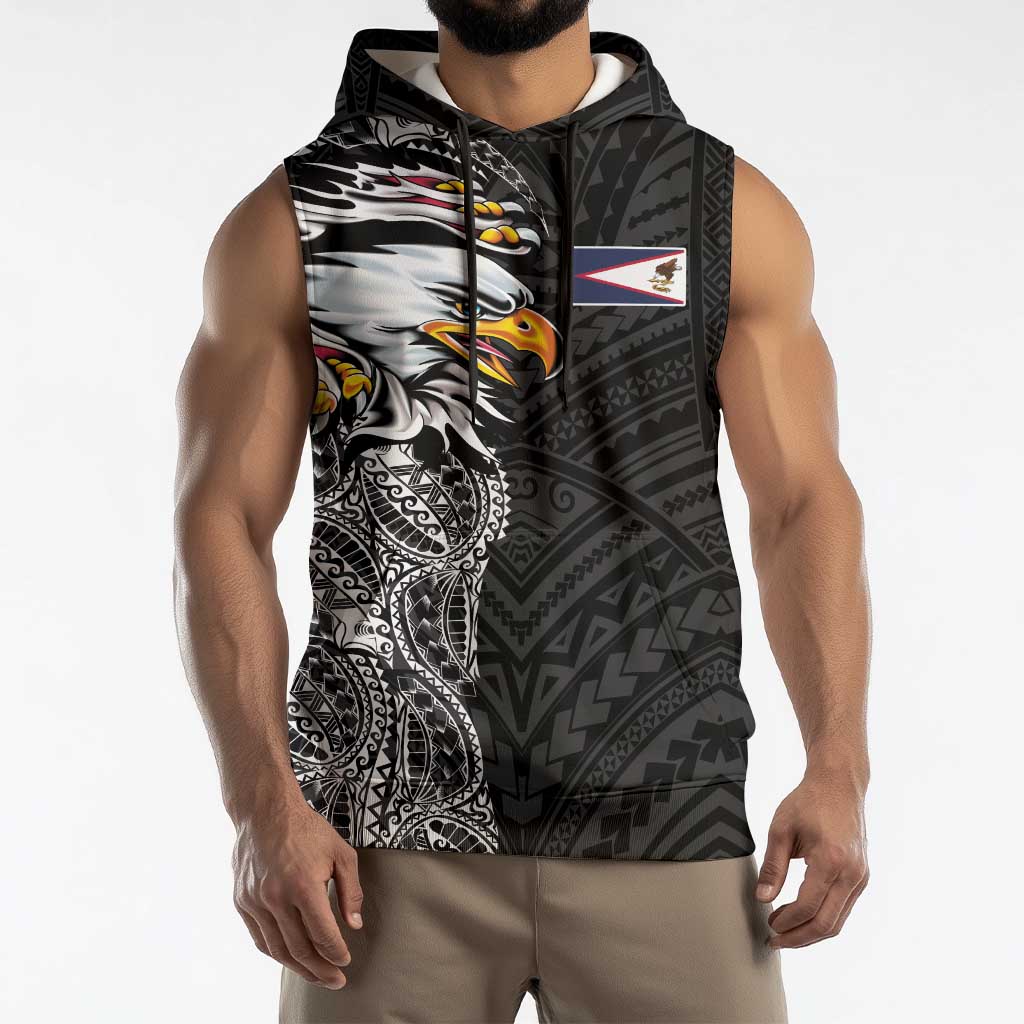 American Samoa Flag Day Sleeveless Hoodie Tribal Tattoo with Eagle Black