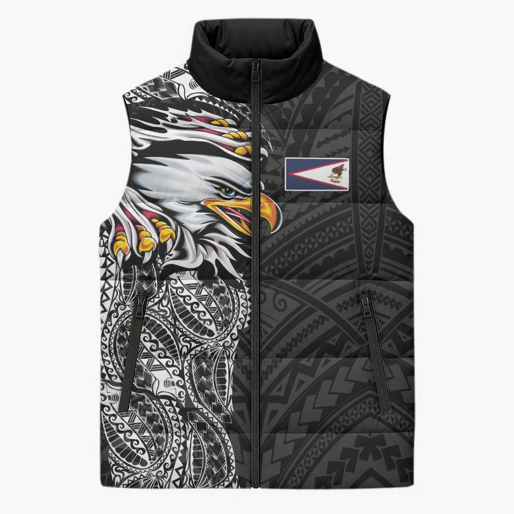 American Samoa Flag Day Sleeveless Puffer Jacket Tribal Tattoo with Eagle Black