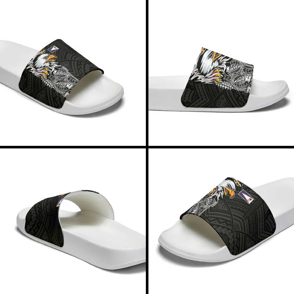 American Samoa Flag Day Slide Sandals Tribal Tattoo with Eagle Black