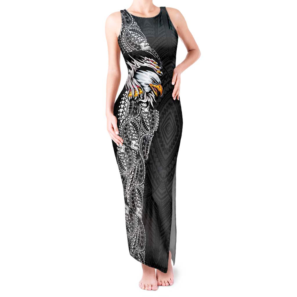 American Samoa Flag Day Tank Maxi Dress Tribal Tattoo with Eagle Black