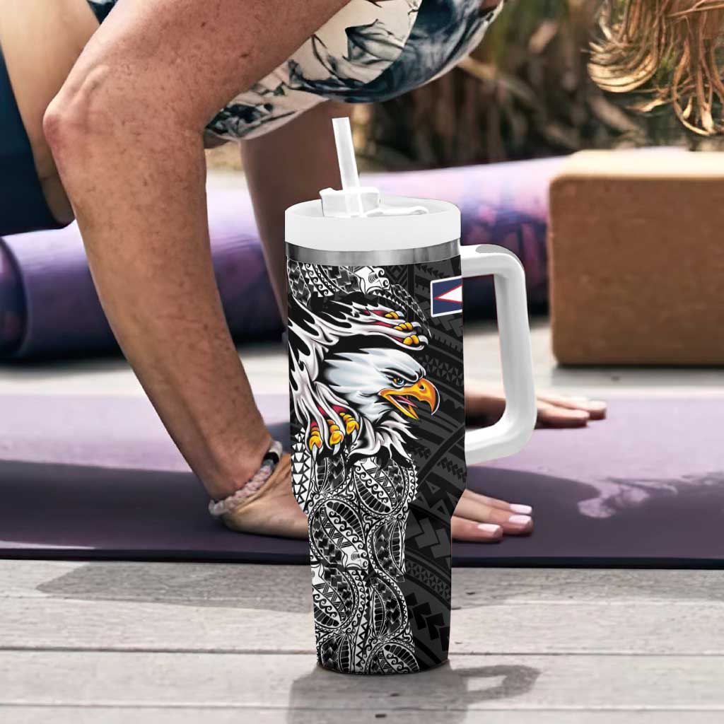 American Samoa Flag Day Tumbler With Handle Tribal Tattoo with Eagle Black