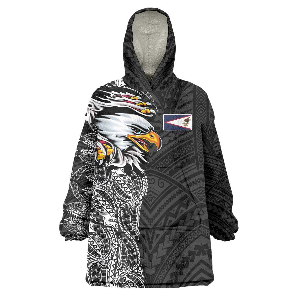 American Samoa Flag Day Wearable Blanket Hoodie Tribal Tattoo with Eagle Black