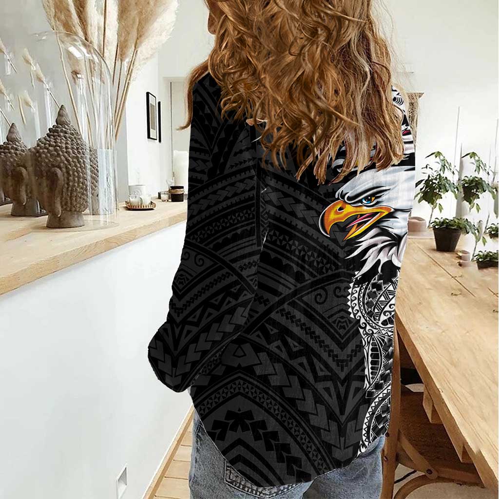 American Samoa Flag Day Women Casual Shirt Tribal Tattoo with Eagle Black