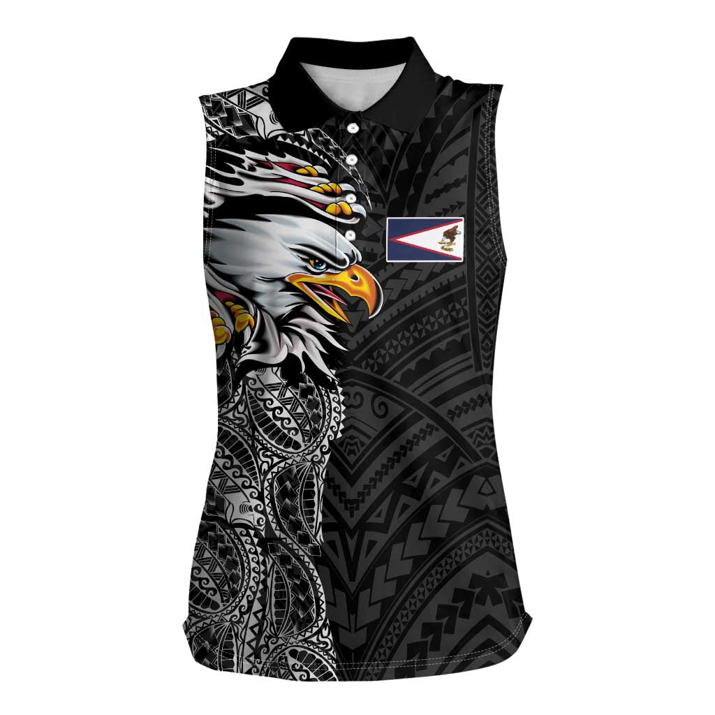 American Samoa Flag Day Women Sleeveless Polo Shirt Tribal Tattoo with Eagle Black