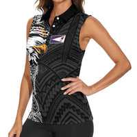 American Samoa Flag Day Women Sleeveless Polo Shirt Tribal Tattoo with Eagle Black