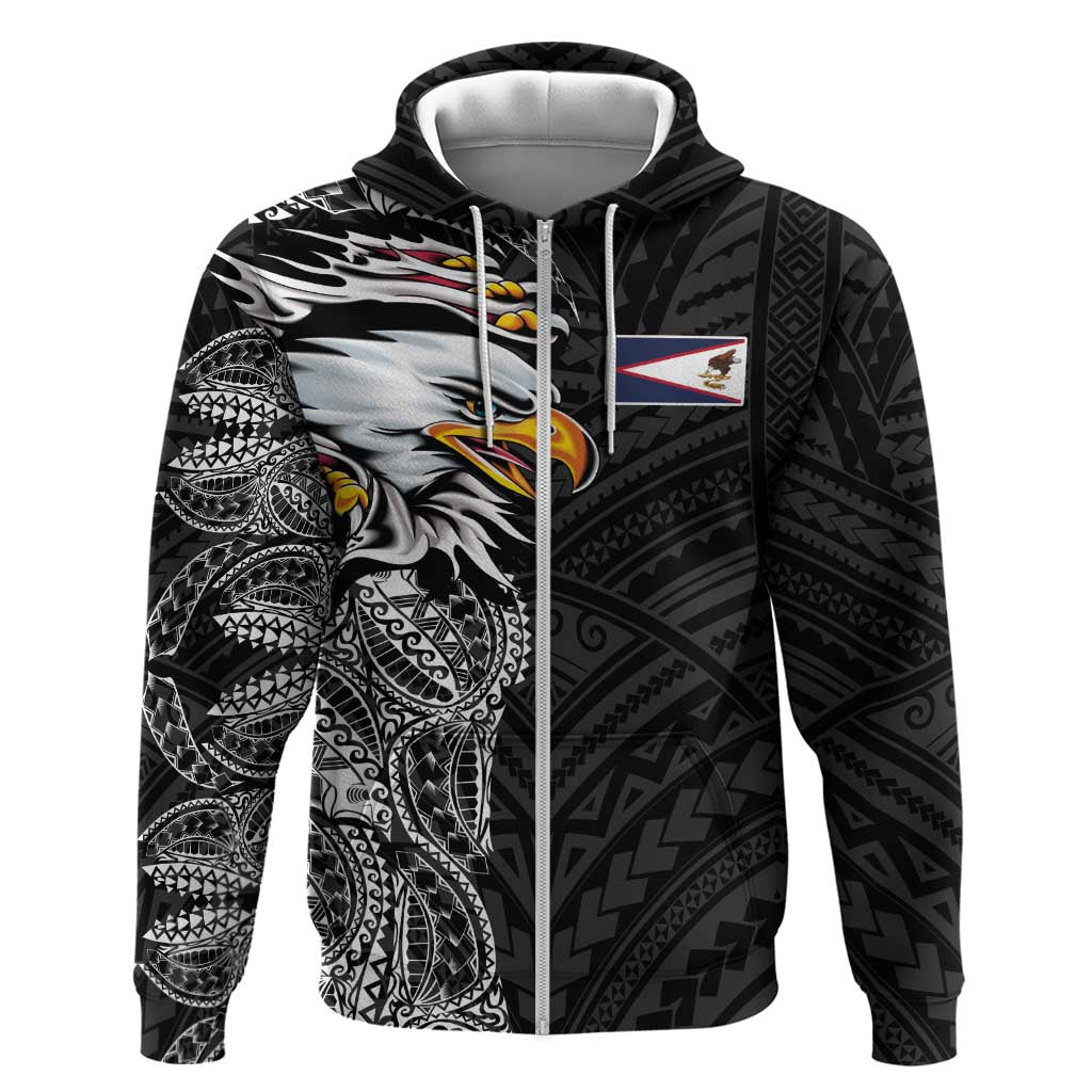 American Samoa Flag Day Zip Hoodie Tribal Tattoo with Eagle Black