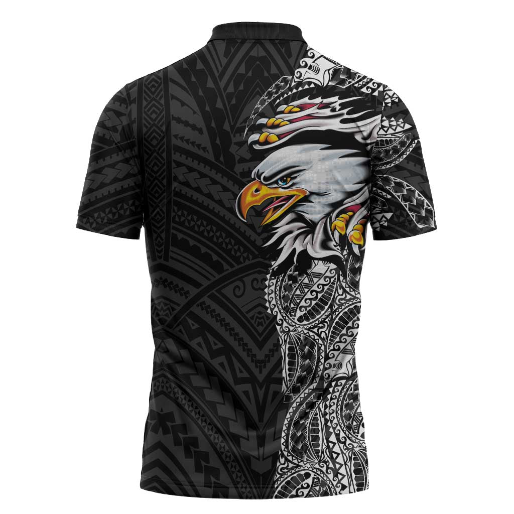 American Samoa Flag Day Zipper Polo Shirt Tribal Tattoo with Eagle Black