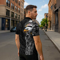 American Samoa Flag Day Zipper Polo Shirt Tribal Tattoo with Eagle Black