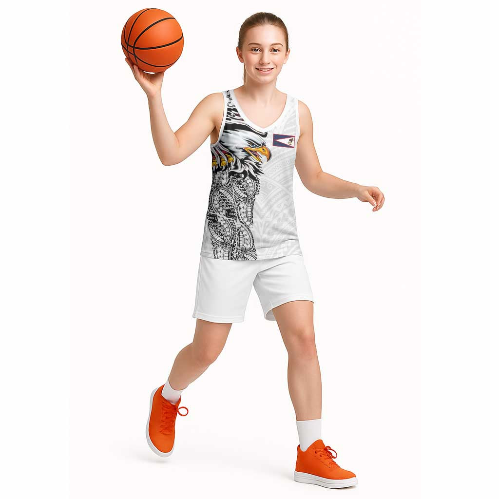 American Samoa Flag Day Basketball Jersey Tribal Tattoo with Eagle White