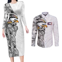 American Samoa Flag Day Couples Matching Long Sleeve Bodycon Dress and Long Sleeve Button Shirt Tribal Tattoo with Eagle White